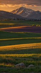 Wall Mural - A beautiful landscape with a mountain in the background and a field of grass