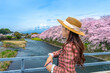 Tourist enjoying view of Fuji mountain in spring, Shizuoka in Japan.