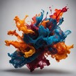 Vibrant explosion of ink in water creates mesmerizing display of fluid dynamics, where swirls of bright orange, deep blue, fiery red intertwine, dance against stark, neutral background.