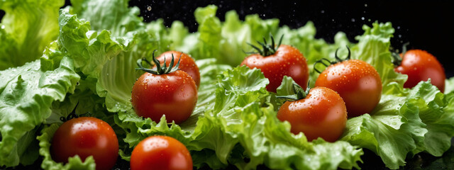 Salad of fresh and delicious vegetables. Fresh ripe tomatoes and lettuce leaves covered with water drops. Salad closeup banner. Healthy eating concept.