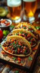 Wall Mural - Savory tacos with ground beef and fresh vegetables, paired with beer for a casual meal.