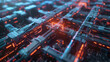 Futuristic circuit board with glowing lights and pathways.