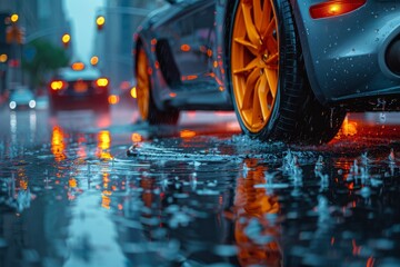 Poster - A sports car's wheels spin on the reflective wet city streets in the evening with glowing city lights