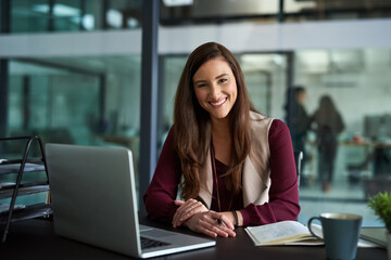 Sticker - Woman, laptop and portrait in office for web project, career review online and email feedback on digital report. Editor or journalist and smile with tech and diary for internet research in workspace