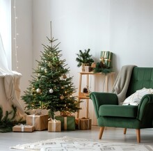 Festive Living Room With Christmas Tree And Presents