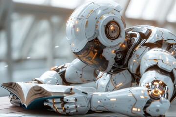 Poster - Highly detailed robot with advanced design features appears to study from an open textbook with concentration