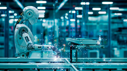 A robot is working in a factory, the robot is white and has a metallic look