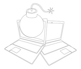 Poster - One continuous line of Laptop with Bomb. Thin Line Illustration vector concept. Contour Drawing Creative ideas.
