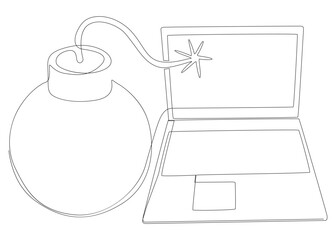 Poster - One continuous line of Laptop with Bomb. Thin Line Illustration vector concept. Contour Drawing Creative ideas.