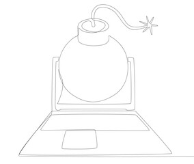 Poster - One continuous line of Laptop with Bomb. Thin Line Illustration vector concept. Contour Drawing Creative ideas.
