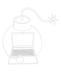 Poster - One continuous line of Laptop with Bomb. Thin Line Illustration vector concept. Contour Drawing Creative ideas.