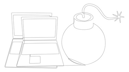 Poster - One continuous line of Laptop with Bomb. Thin Line Illustration vector concept. Contour Drawing Creative ideas.