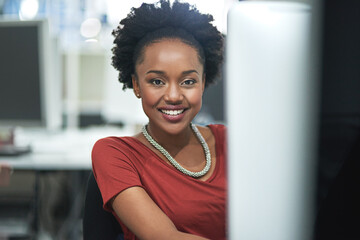 Poster - Business, black woman and creative and office portrait, worker and digital computer for website design. Technology, information and online search or networking, company employee in happy workplace