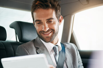 Sticker - Car, happy and businessman with tablet for travel, morning meeting or commute to airport. Transport, professional and male employee with technology for networking, checking schedule or reading email