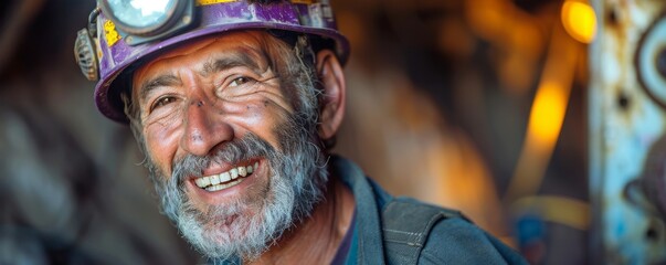 Joyful miner with headlamp smiling in a mine, showcasing workplace happiness and industry