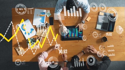 Poster - Top view of marketing team working together to analysis financial chart. Manager using laptop and looking at stock market graph and investment statistic at meeting table with document. Convocation.