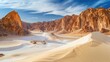 Mountains with white sand in the desert under a clear blue sky