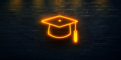 glowing neon sign with graduation cap frame on black brick wall background for decoration Generative AI