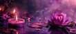 Beautiful lotus flower and candles on dark background. spa concept