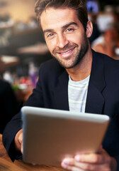 Poster - Portrait, cafe and man with tablet, smile and relax with social media and texting with internet and network. Face, person or professional with tech, connection or digital app with customer and client