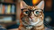 Smart handsome cat with magnifying glass in office. Funny animals. Trendy cat