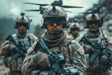 Canvas Print - A military squad in combat gear lined up, poised for a tactical operation or mission