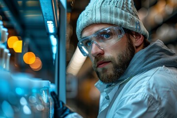 Poster - A focused scientist wearing protective goggles examines high-tech machinery with glowing lights in a lab