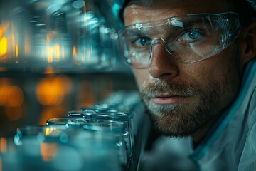 Poster - A detailed portrait of a young scientist focused on analyzing clear test tubes in a modern laboratory