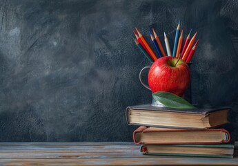 Wall Mural - Red Apple on Stack of Books