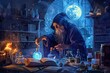 A wizard mixing potions in a moonlit laboratory, each potion representing a different emotion