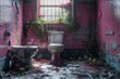A condemned bathroom with dirty toilets in an abandoned warehouse factory abandoned toilets and abandoned toilets broken tiles moss and plants The toilet is dirty restroom abandoned by people and care