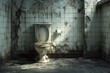 A condemned bathroom with dirty toilets in an abandoned warehouse factory abandoned toilets and abandoned toilets broken tiles moss and plants The toilet is dirty restroom abandoned by people and care