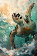Abstraktes Gemälde mit Spachteltechnik zeigt eine ins Wasser tauchende Meeresschildkröte