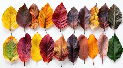 Sticker - Variety of autumn leaves in different colors on a white background