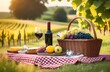 A romantic picnic with fruit and wine. A date in a sunny field.