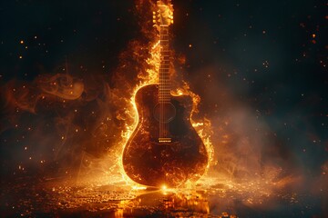 Wall Mural - Guitar on fire on dark background