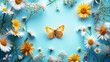 Delicate orange butterfly at the center, surrounded by blossoming white daisies and yellow chamomile on soft blue background, ideal for greating or gift cards, tranquility and beauty design