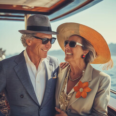 a wealthy, well dressed, attractive retired couple looking at eachother smiling on a yacht in the sunshine