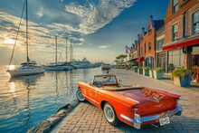 Red Classic Convertible Overlooking Marina With White Yachts