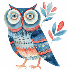 Wall Mural - watercolor scandinavian folk art owl illustration, blue and light red colors