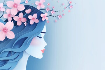 Wall Mural - WINDER STYLE shopping blue haired woman with a pink flowers banner template for women's day or Mother's Day celebration greeting card. Vector cut paper art illustration of a beautiful girl profile por