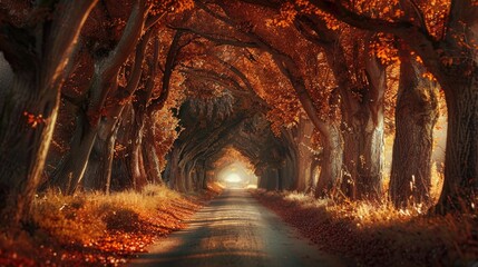 Sticker - Enchanting Fall Road Natural Tree Tunnel and Charming Autumnal Hues