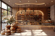 Bakery design with a vibrant painting, featuring modern and classy interior with abundant bread