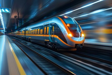 Poster - Contemporary commuter train captured mid-motion, emphasizing rapid transportation and urban commuting efficiency