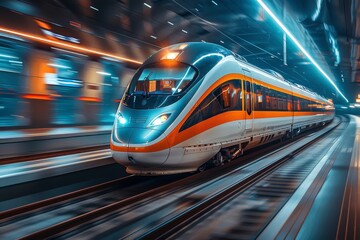 Poster - a dynamic image capturing the essence of modern rail transport with a high-speed train in motion, sh