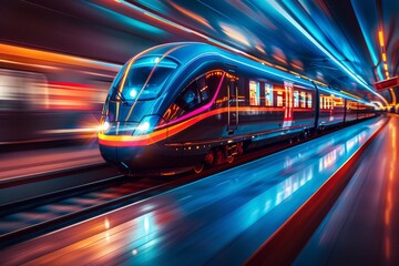 Poster - this vibrant image shows a sleek, futuristic train speeding through a station illuminated by neon li