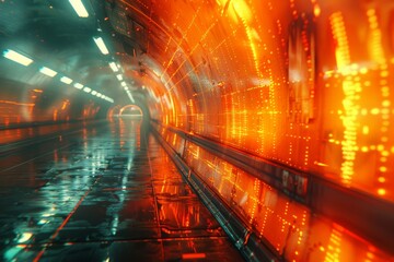 Poster - This image depicts a vibrant orange tunnel with a futuristic feel, dynamic light patterns, and a sense of motion conveying energy