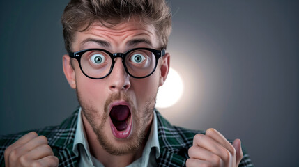 Wall Mural - A man with glasses and a beard is making a surprised face. He is wearing a plaid jacket and a white shirt. a thumbnail of a surprised business man