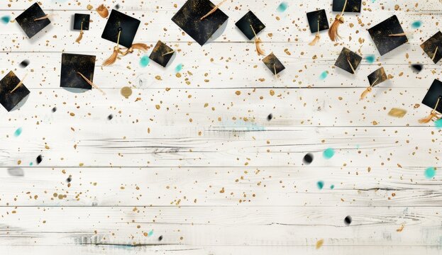 A light background with black and gold graduation caps, scattered on the surface of the wood grain, and golden glittering dots floating in white space Generative AI