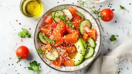 Sticker - Salad made with fresh salmon avocado cucumber sesame seeds olive oil tomatoes and herbs seen from above on a white background